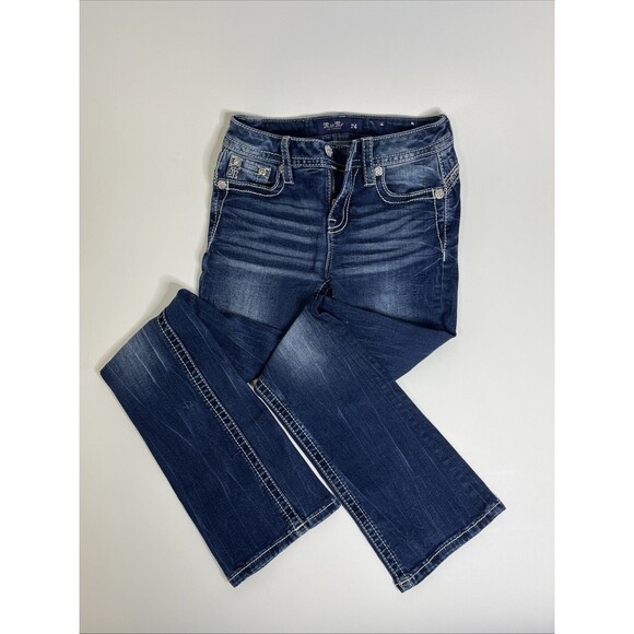 Miss Me Jeans Mid-Rise Tailored Boot Jeans Size 24 Y2K Pocket Flap - Picture 1 of 9